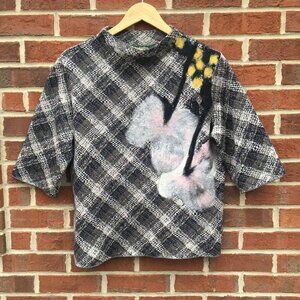Anthropologie Troubadour Sweater Med Wool Plaid Over Shoulder Petal Flower Art